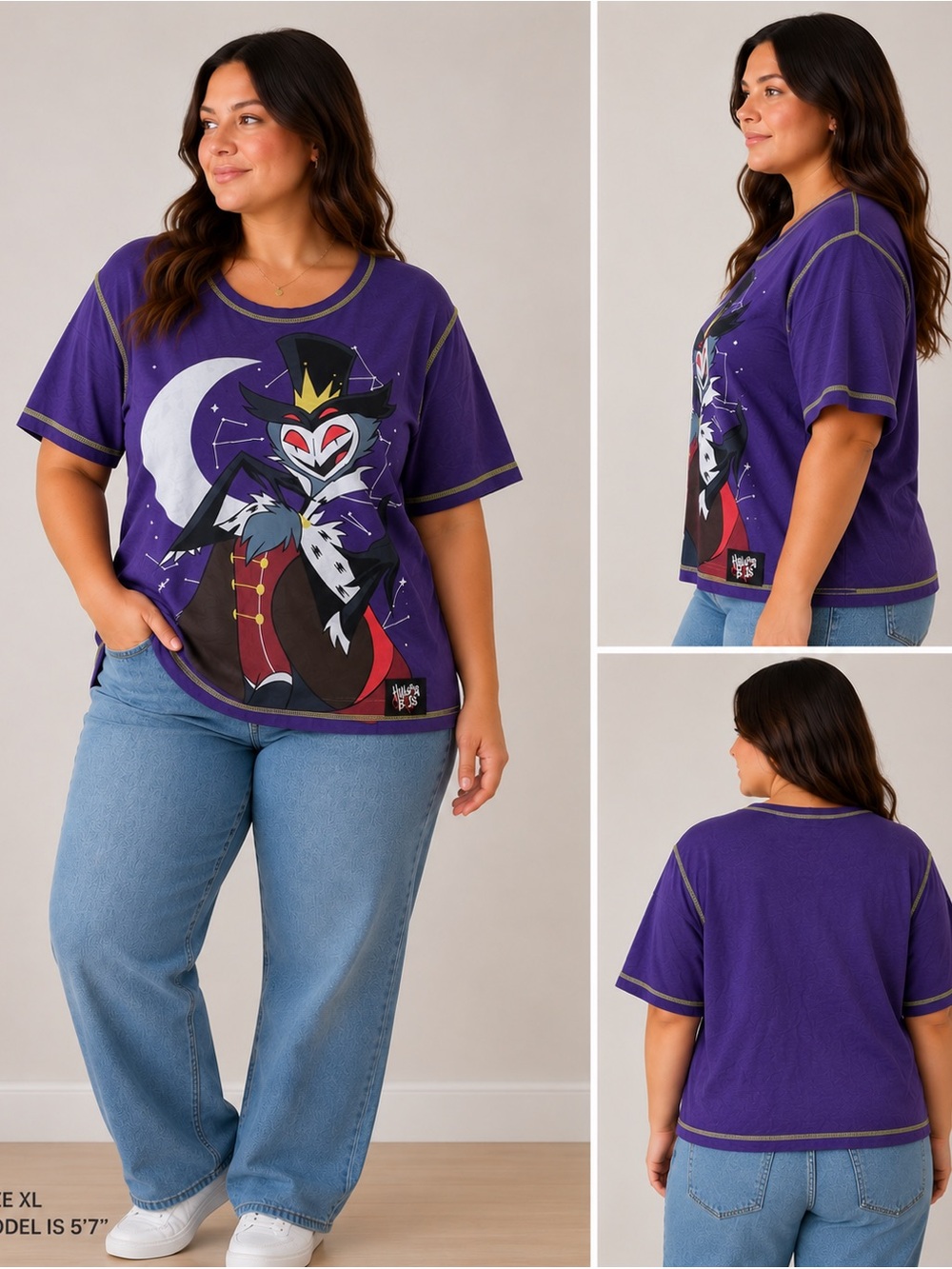 Official Helluva Boss Stolas Crescent Moon Graphic T-Shirt Purple Variant XL